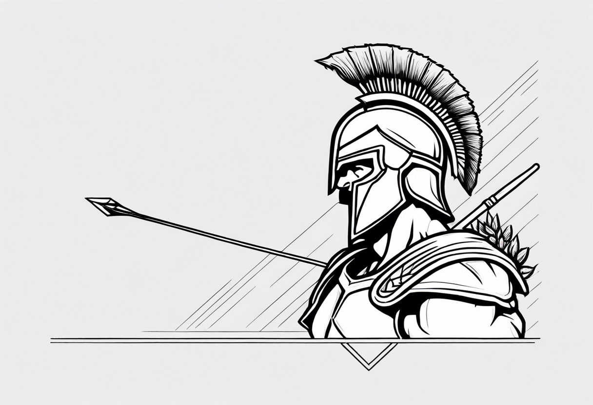 rectangular landscape format ultra-fine line linework vector of a spartan from the side, spartan spear, spartan shield, laurel wreath tattoo idea