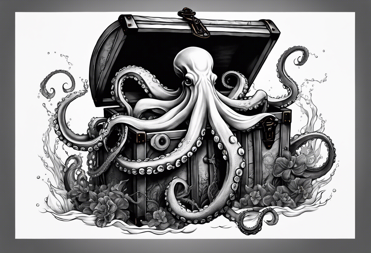 An octopus entwined around an old shipwreck or a treasure chest, evoking themes of mystery and the deep sea. tattoo idea