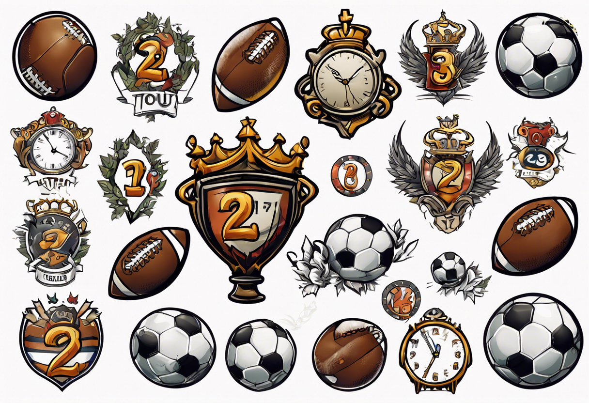 Ballon de football avec le numéro23 ,  une horloge avec une couronne,  le tout avec au fond un taureau tattoo idea