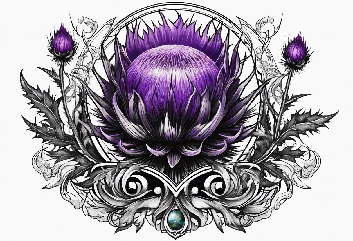 Single purple thistle with Neptune planet in the background tattoo idea