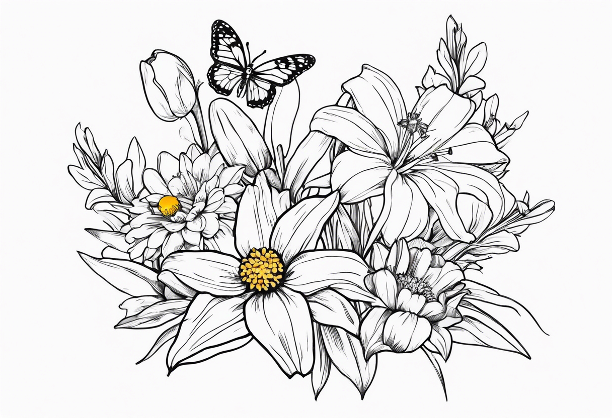 Wild flower of lily daisy and daffodil bouquet with butterfly 6-8 inches bi tattoo idea