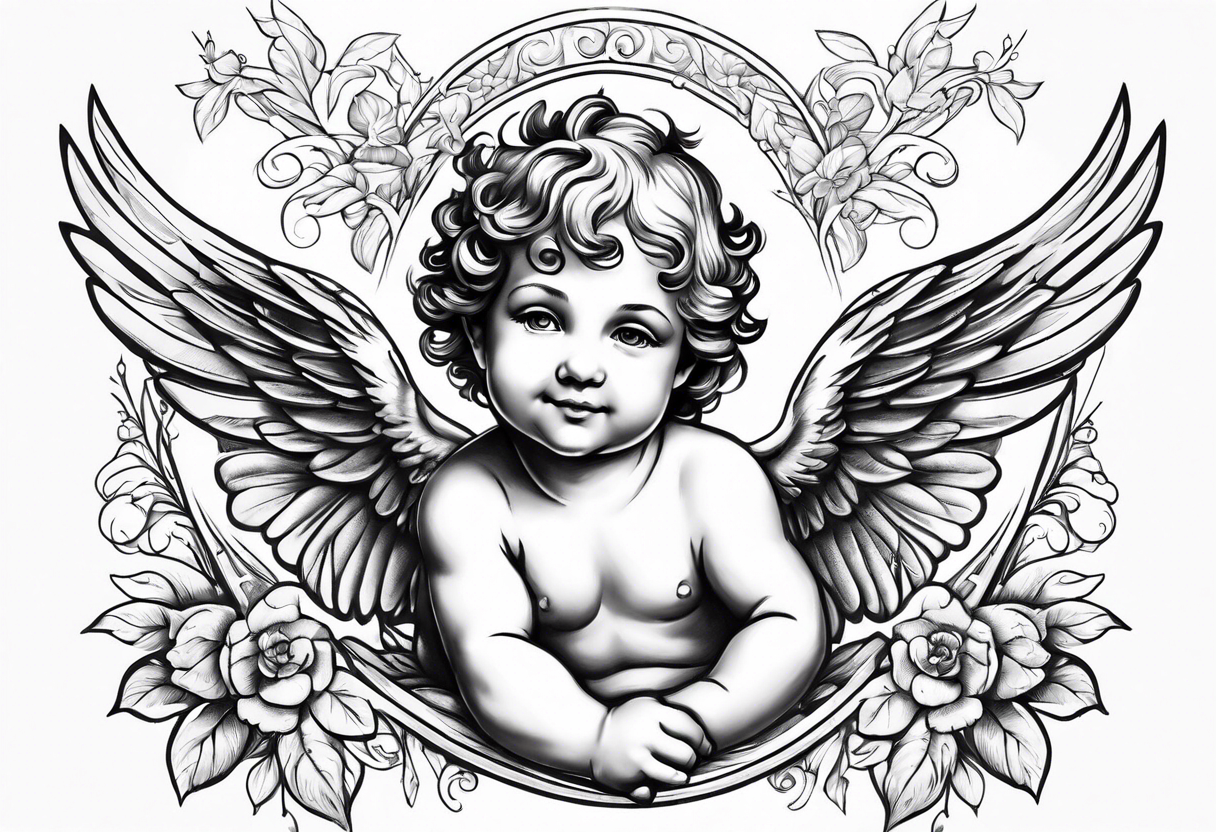 one putti with wings smiling vertical tattoo idea