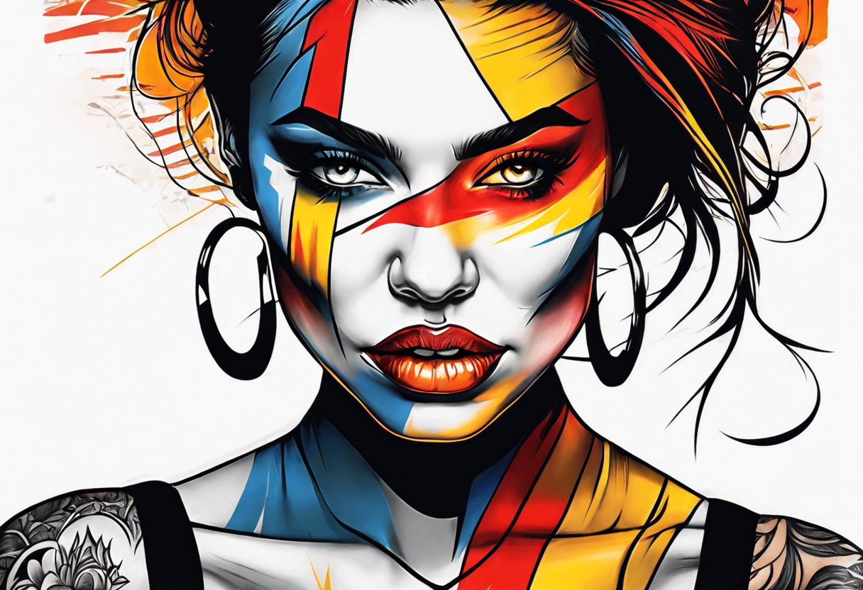 Orange, red, yellow primary colors.  Woman face coming out of skull with large sharp teeth tattoo idea