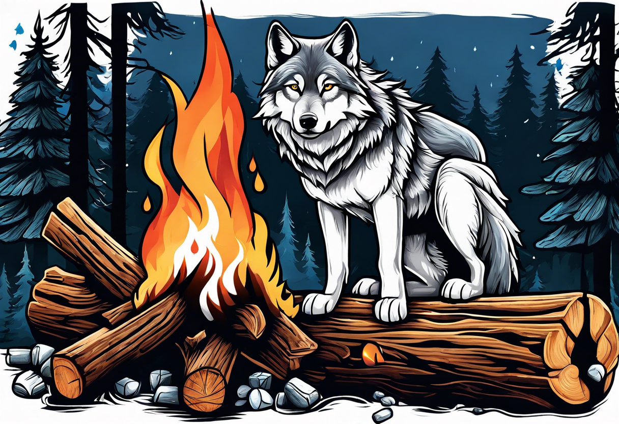 wolf at camp sitting on the log holding stick with marshmallows roasting over the campfire in the Forest tattoo idea