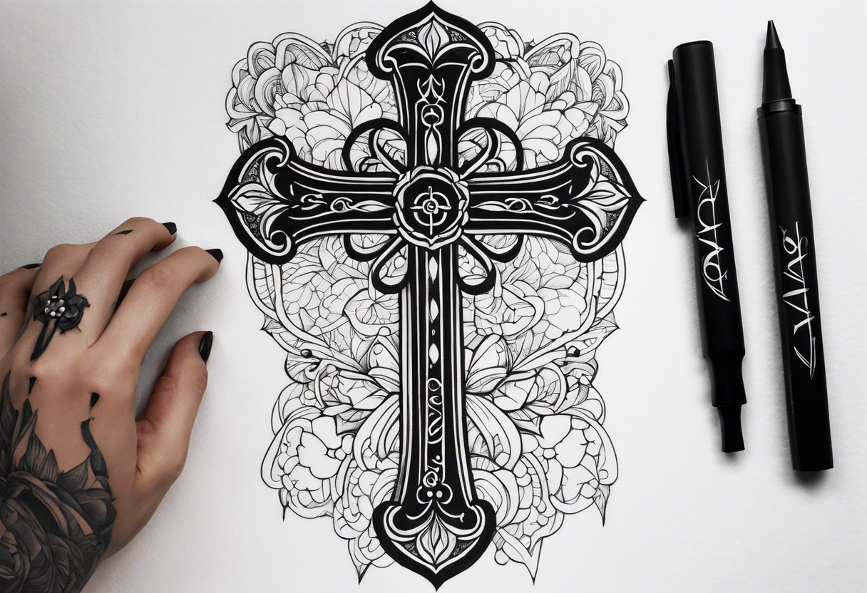 a forearm tattoo with cross and rosary around it tattoo idea