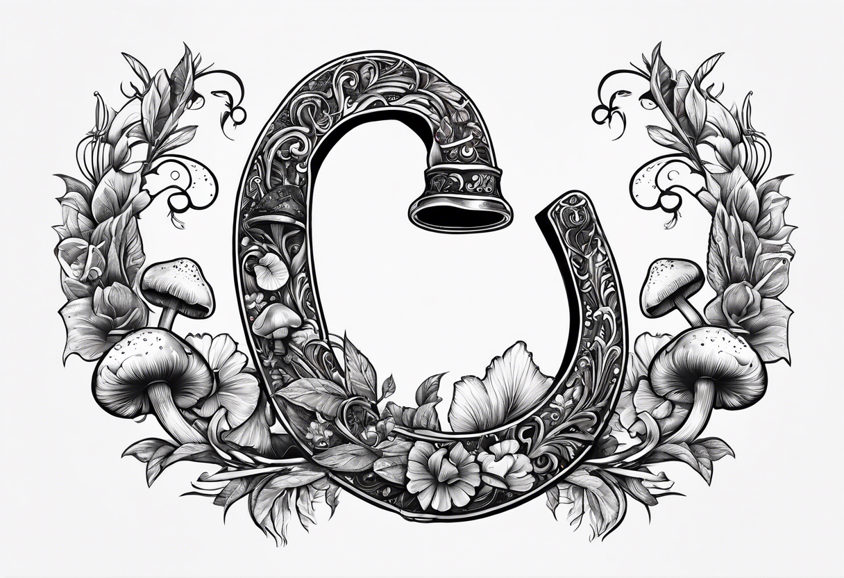 horseshoe, with mushrooms and magic vibes, with "lucky" written on the horseshoe tattoo idea