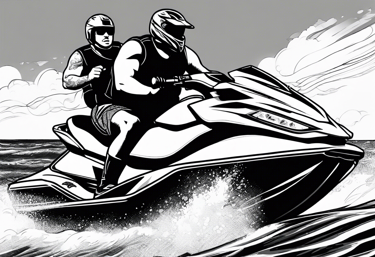 a large man on a jet ski with a small man riding on 
back tattoo idea