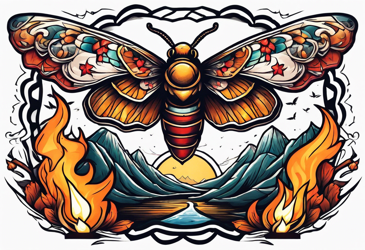 Moth flying near a campfire tattoo idea