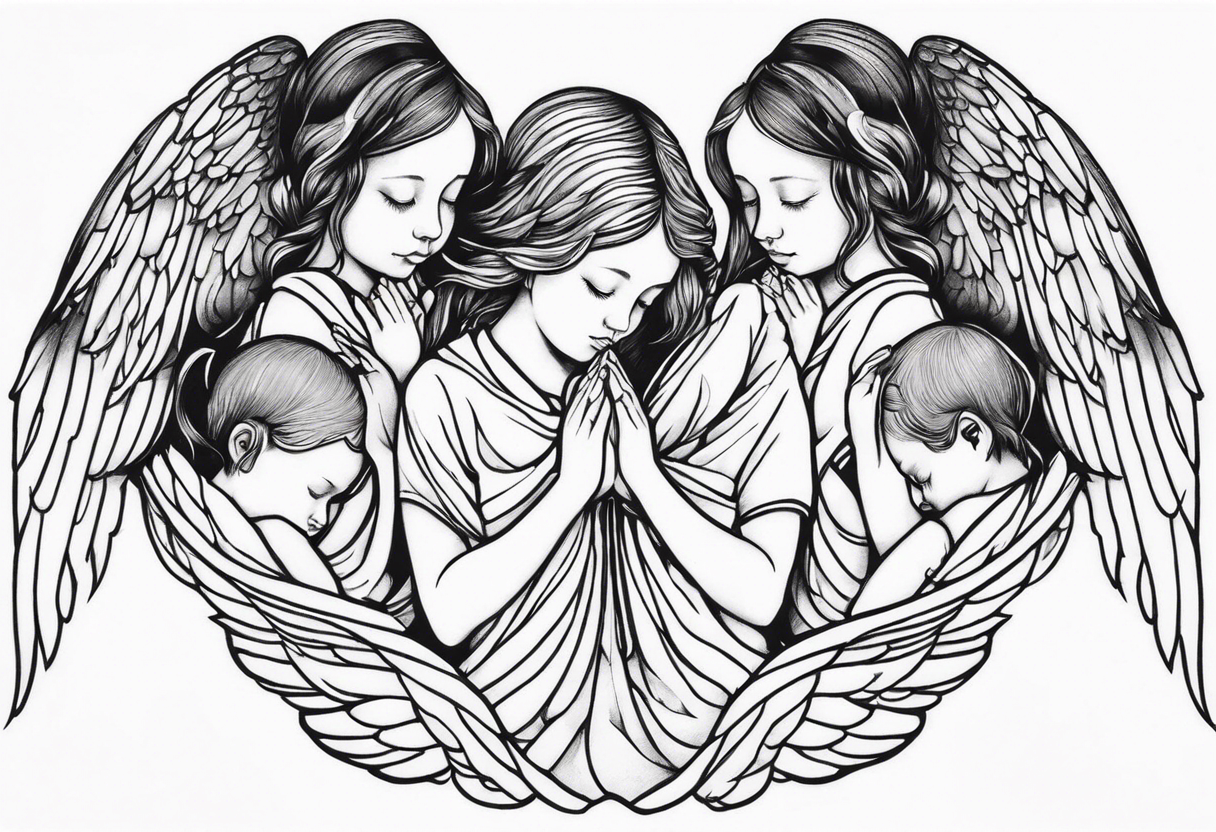 three angels praying together. The two boy angels are on either side of the girl angel, with their wings gently enfolding her in a protective embrace tattoo idea