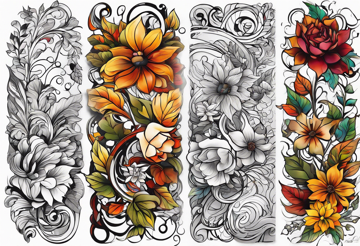 arm sleeve with fall colors, flowers, water, leaves and various shapes, music staff tattoo idea