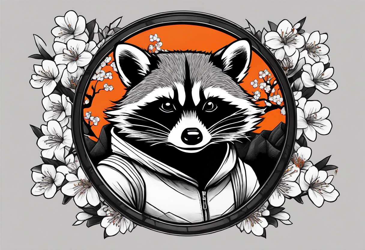 Raccoon wearing a white Superman logo on a black hoodie and orange Japanese cherry blossoms beside tattoo idea