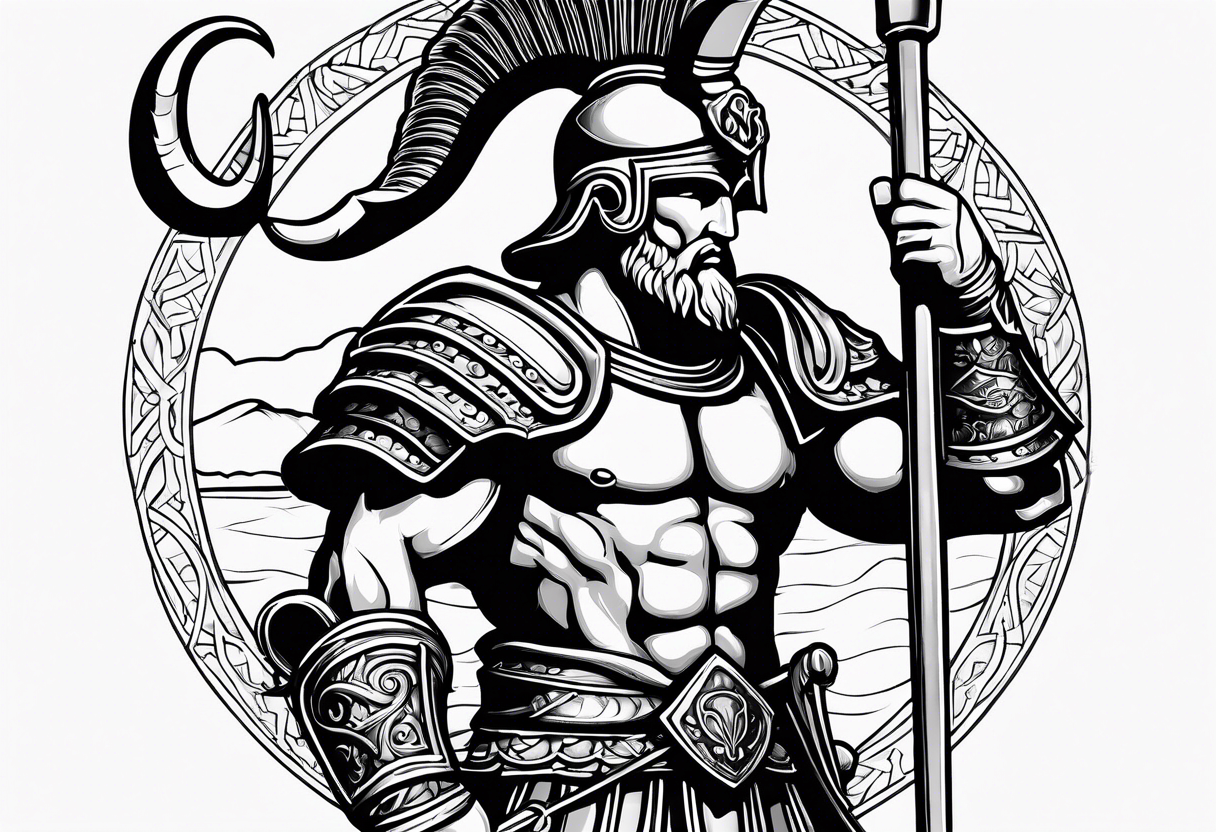 Roman soldier, ram's horns, fishing rod, floorball ball tattoo idea