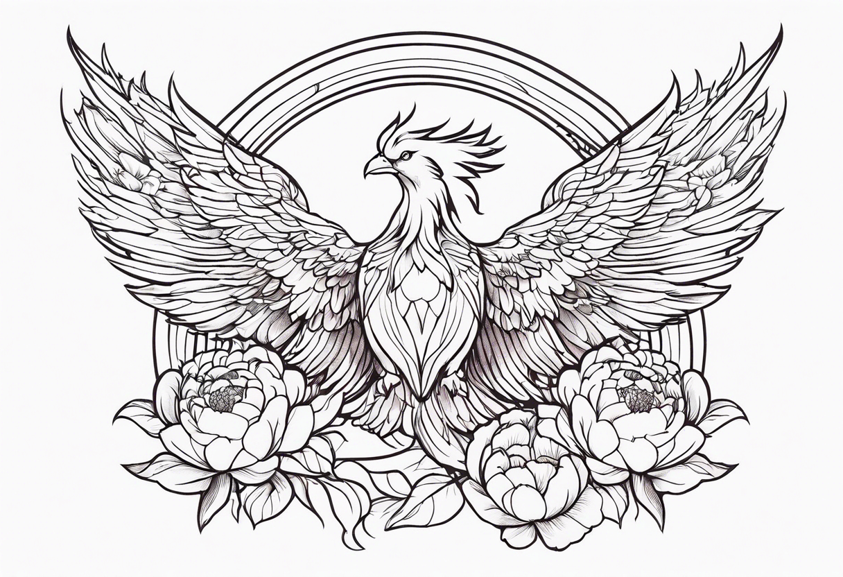 minimalist pheonix with peonies tattoo idea