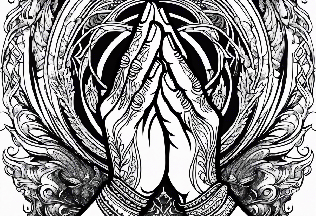 Enhance the traditional praying hands motif by adding elements like flames, water, or celestial bodies to represent the divine presence tattoo idea