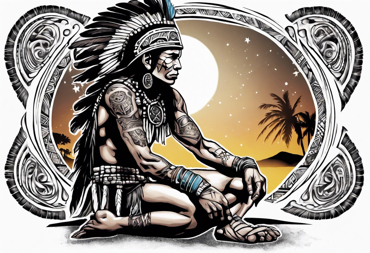 a heartbroken, tired, mayan warrior seeking peace after fighting for decades kneeling under the moonlight looking up to the sky tattoo idea