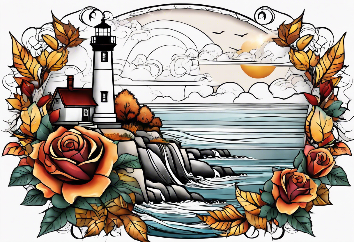 thigh placement in fall colors, showing, light house, water, rocks, sky, clouds, leaves, roses tattoo idea