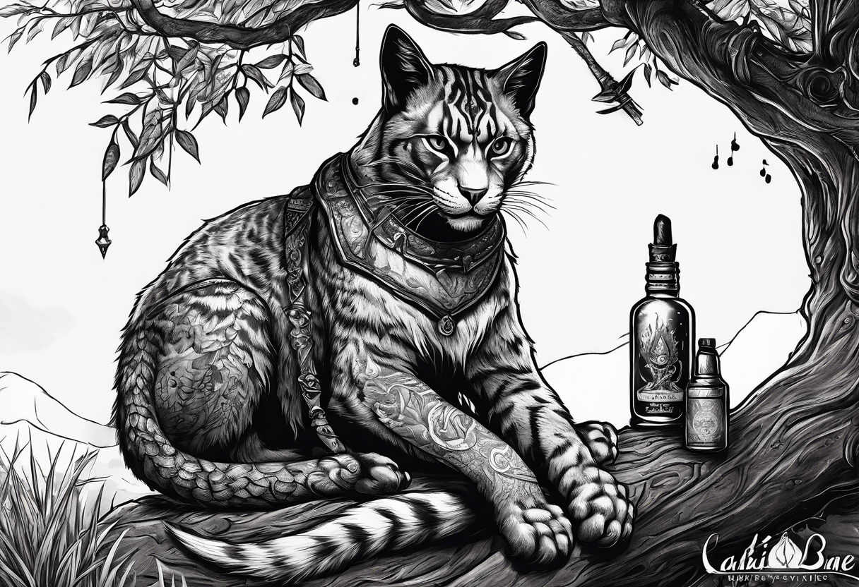 Khajiit sitting under a tree with an empty skooma bottle and a dagger with text that says “Khajiit’s Bane” tattoo idea