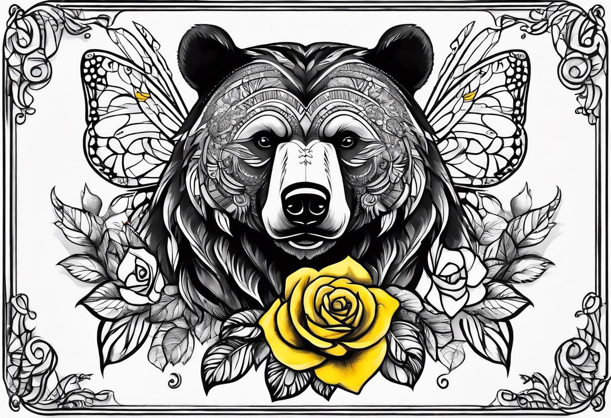 A tribal bear above the butterfly and yellow rose tattoo idea