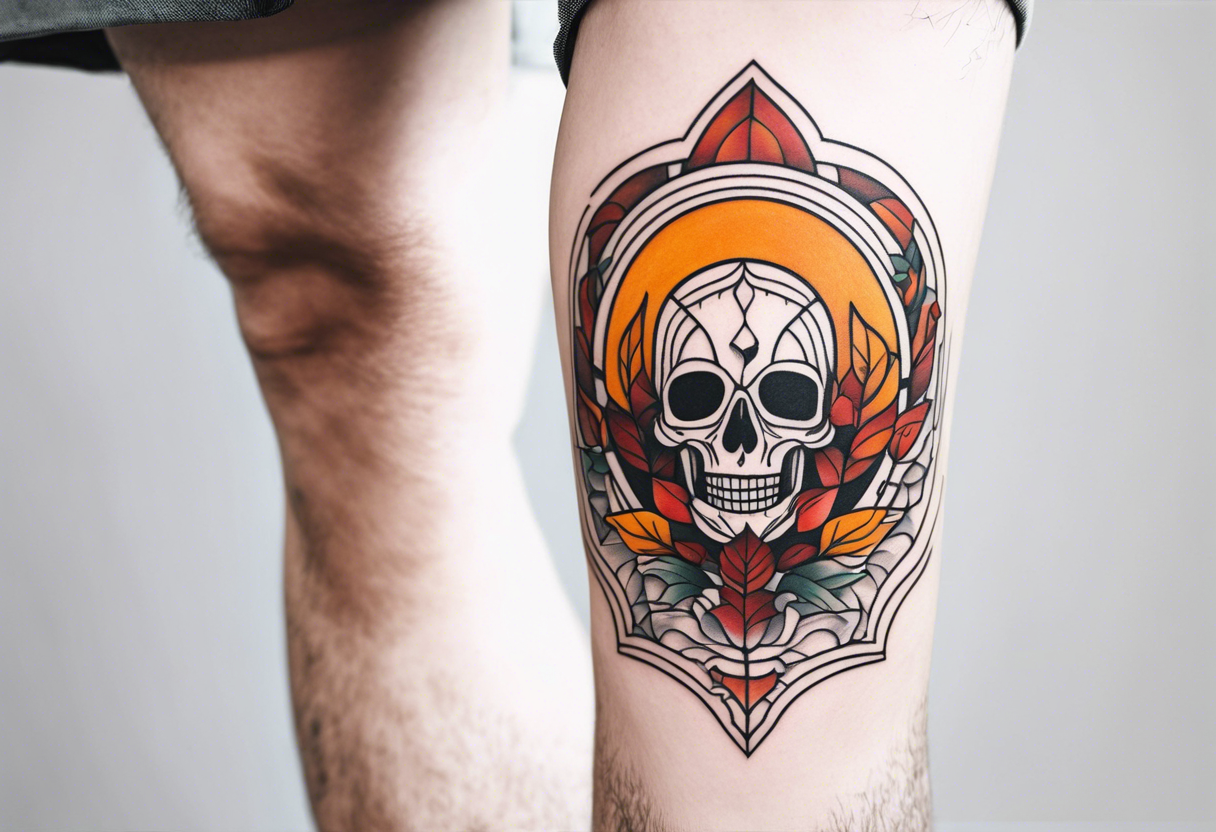 knee tattoo in fall color masculine design with no faces tattoo idea