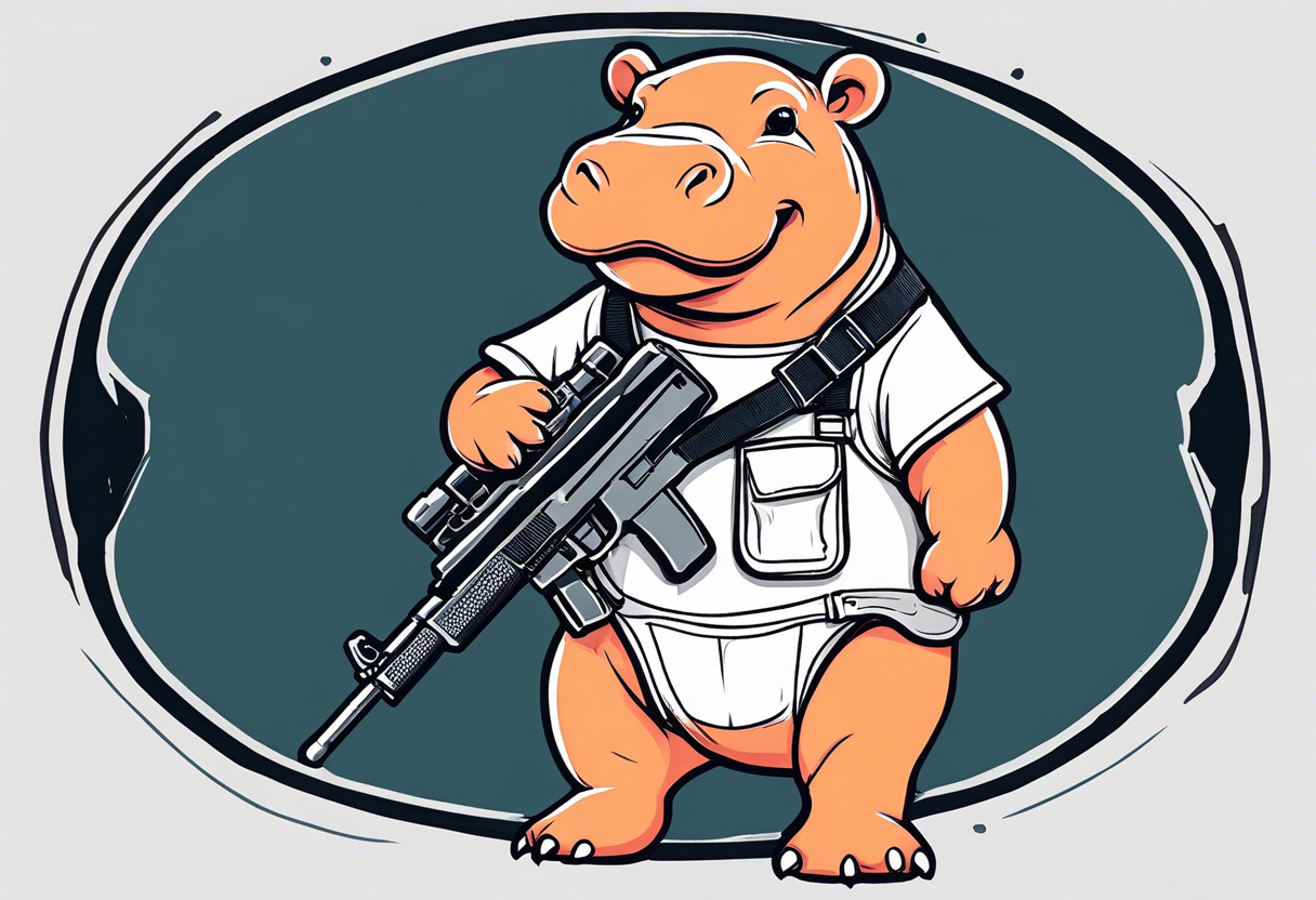 Baby hippo wearing overalls with bandolier over chest and holding a machine gun tattoo idea