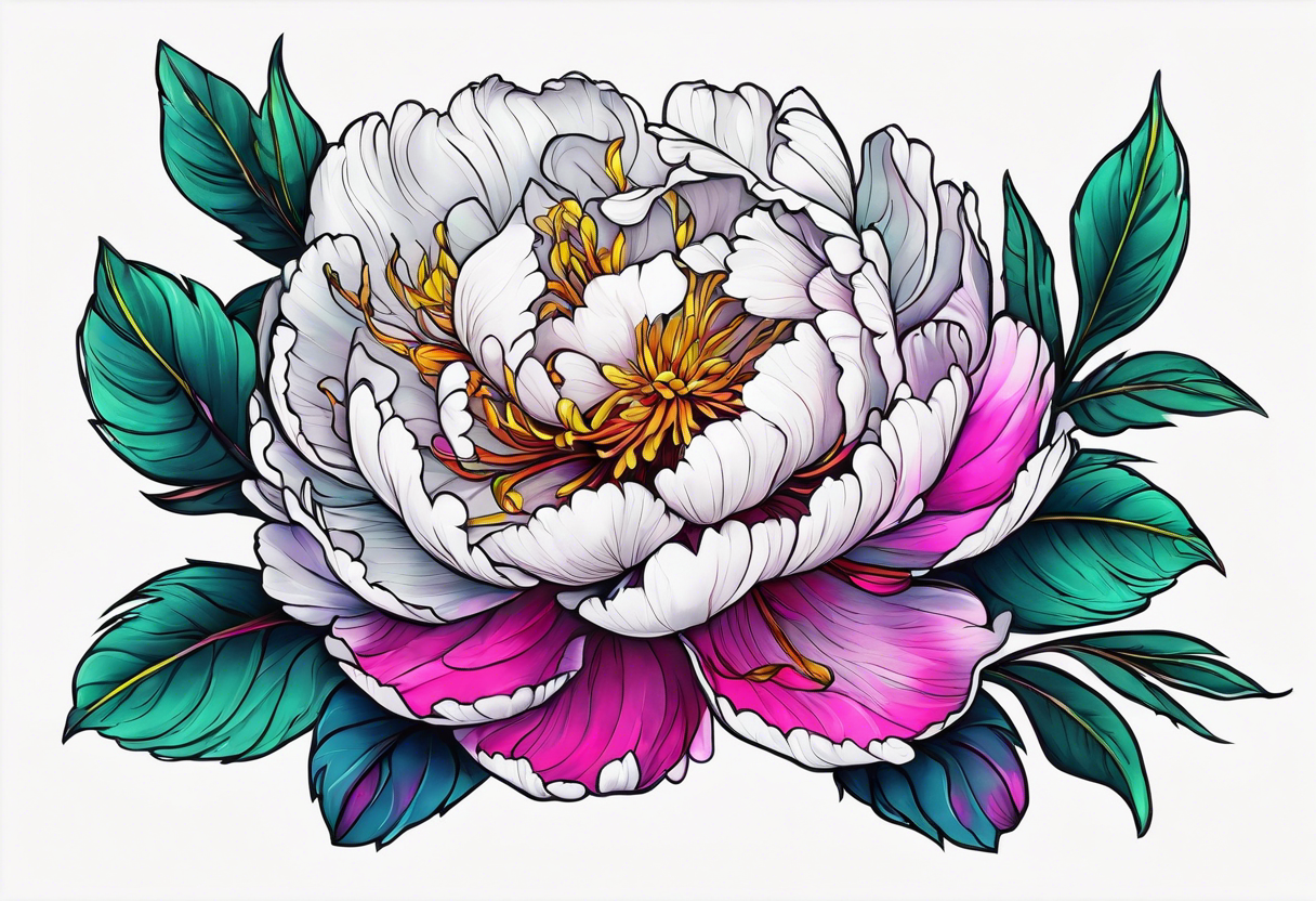 beautiful. colorful, neon, multicolored peony, white background, highly detailed, new school, new school style, street style, streetwear, urban wear, partially bloomed tattoo idea