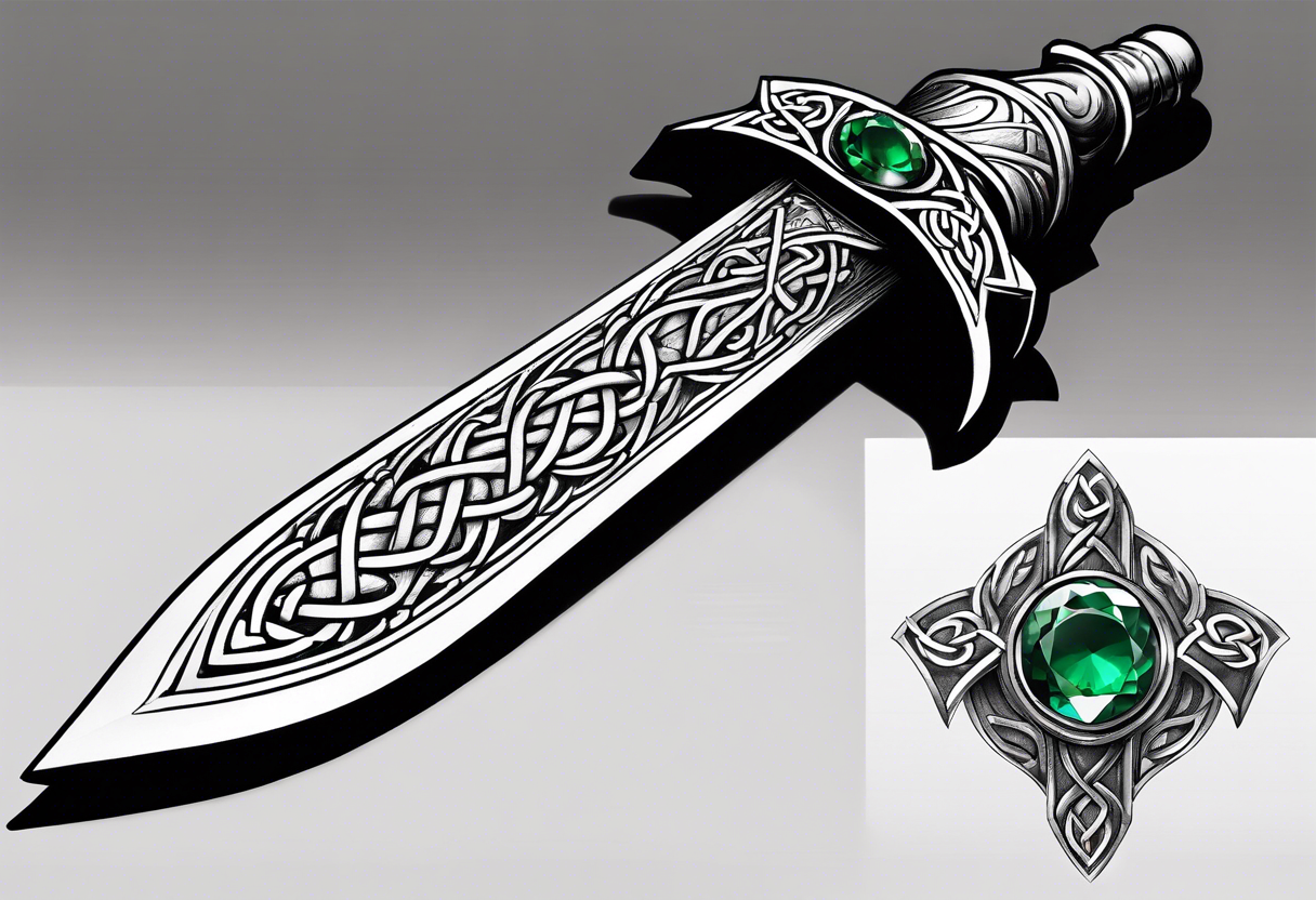 A Celtic athame dagger with the hilt turned upward and an emerald gemstone on the hilt not on the blade tattoo idea