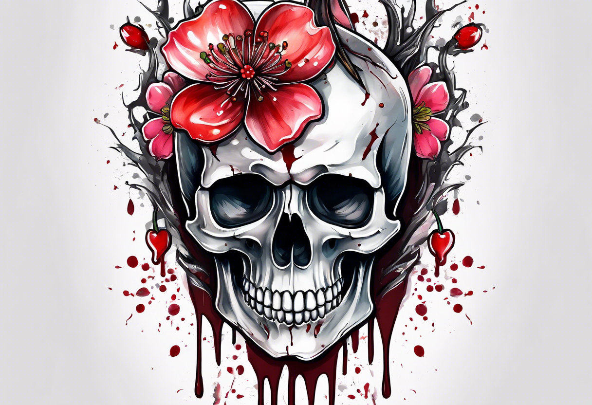 Bloody sword in a skull with cherry blossomdripping tattoo idea