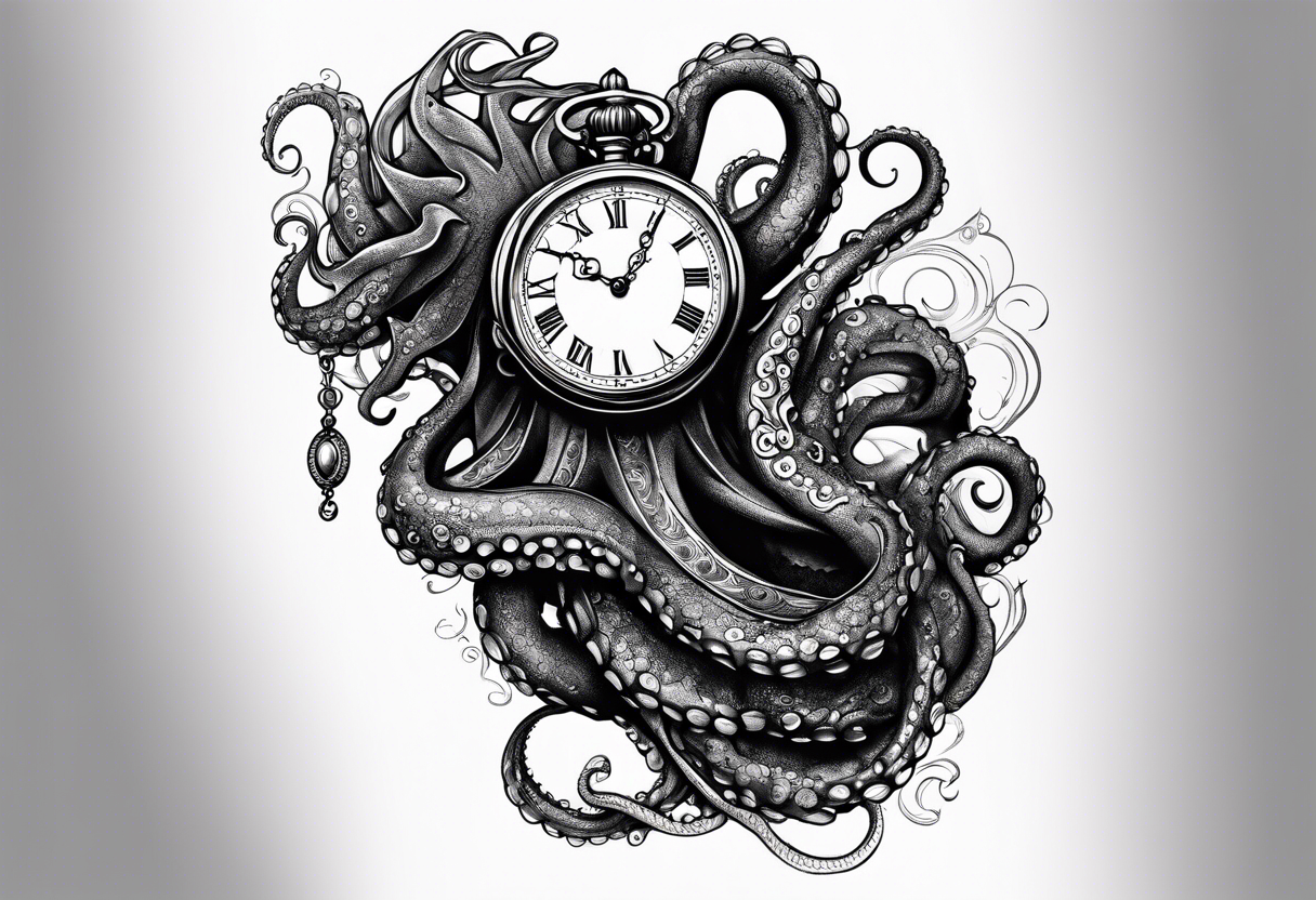 to be drawn in the arm, pocket watch wrapped under an aggressive octopus in side view tattoo idea