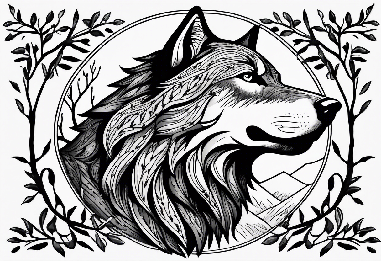 howling wolf drawn with olive tree branches and leaves tattoo idea