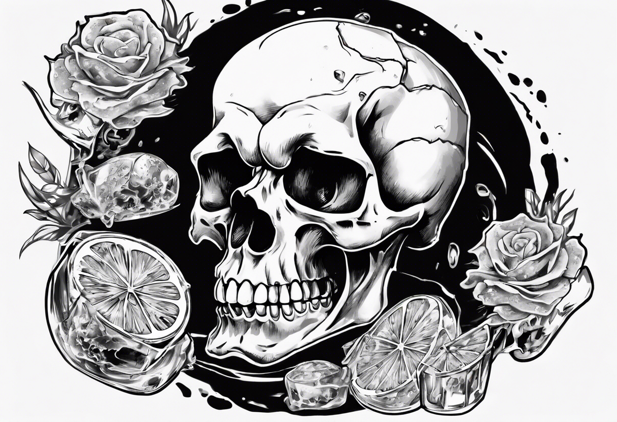 A happy, looking to the left scull, inside the glass with ice and piece of lime tattoo idea