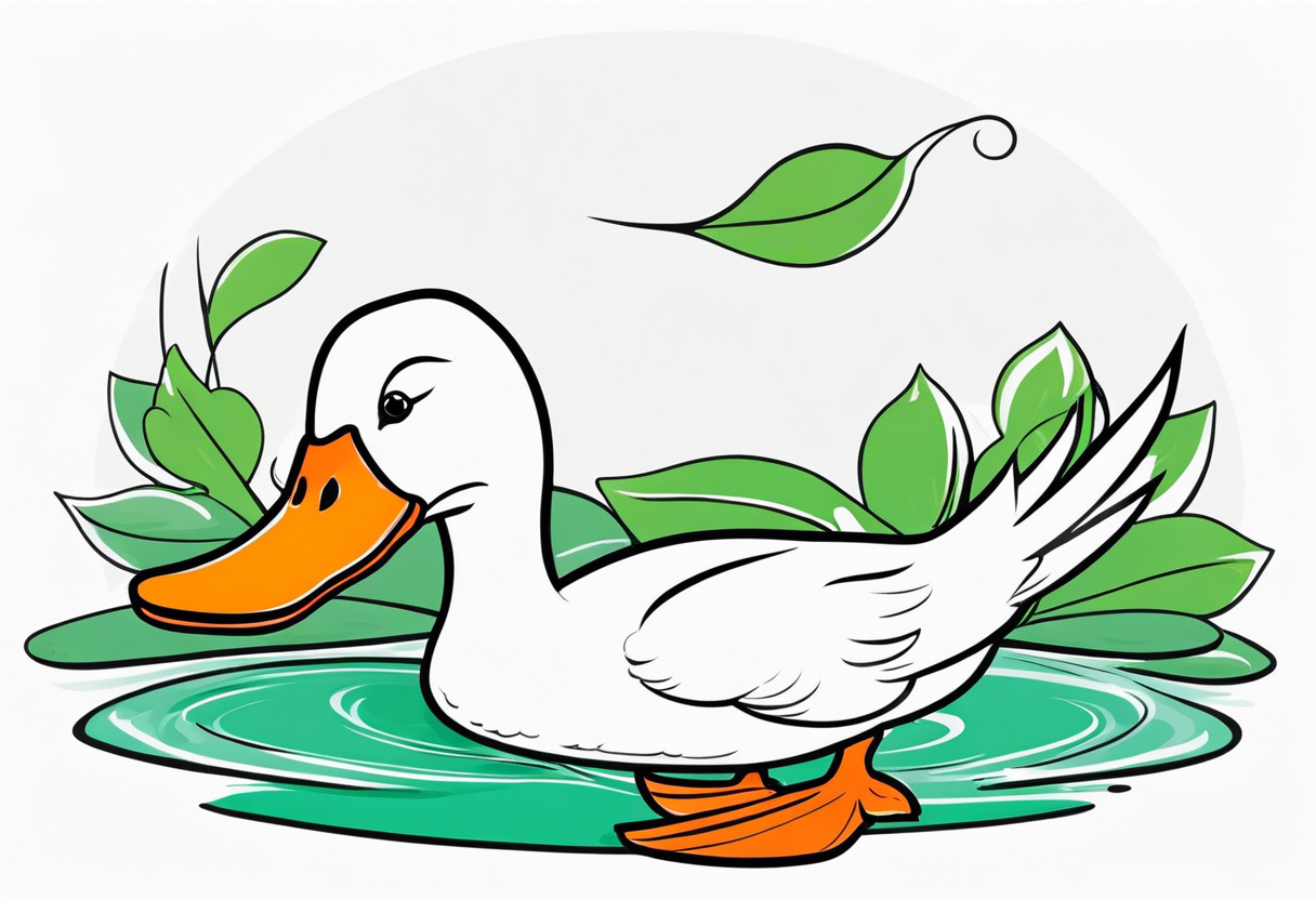 A white Duck with orange feet and a green toad playing together in a pond tattoo idea