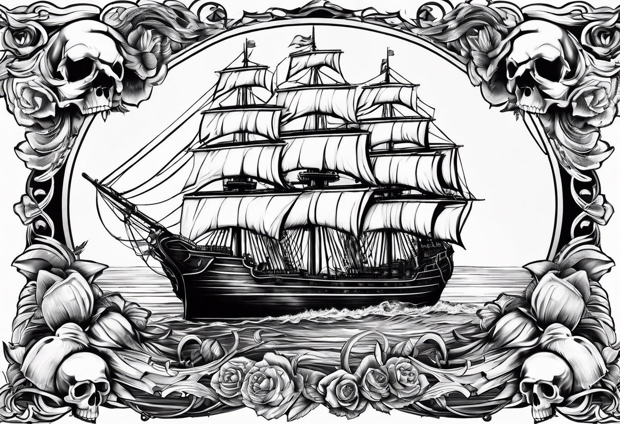 patriotic banner with skulls and ships tattoo idea