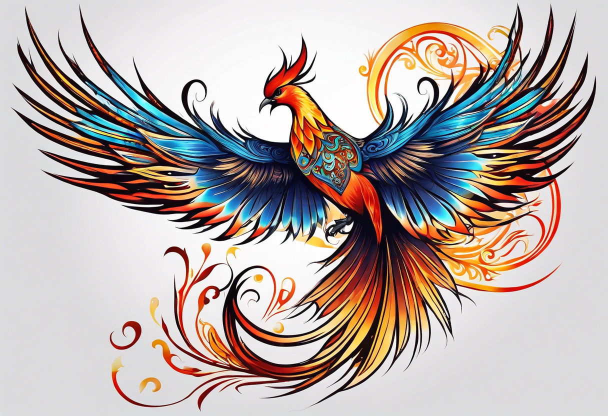 russian firebird phoenix in-flight with very long fancy tail with Yarilo symbol tattoo idea