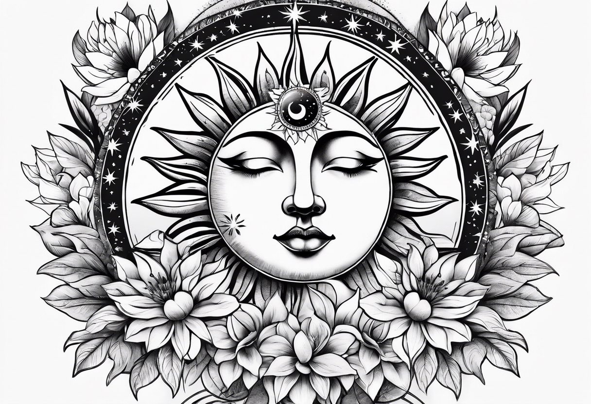 Floral sun and moon astronomy tattoo idea