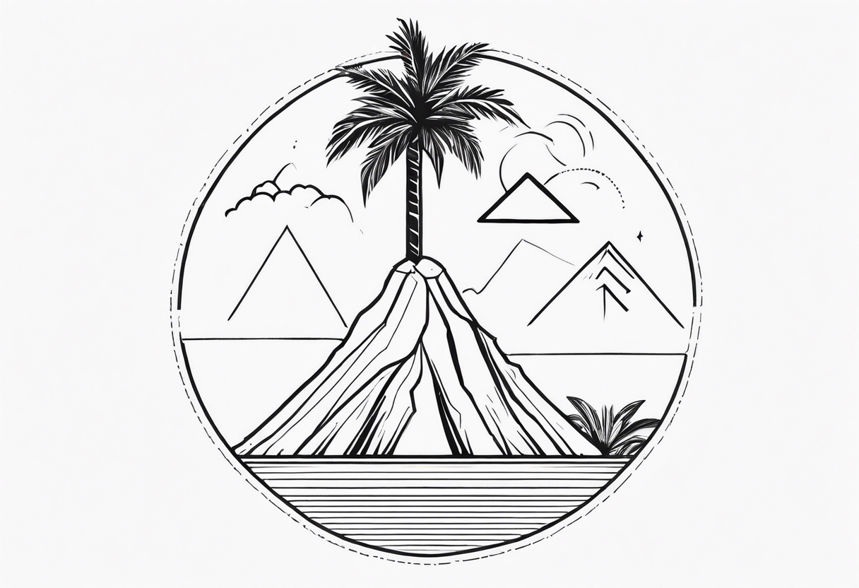 Fineline style. Thin and tall palmtree with a geometrical volcano in the back tattoo idea