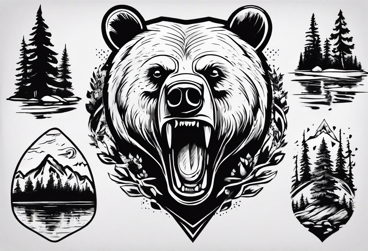 bear head, forest, lake, appalachia, arm sleeve tattoo tattoo idea