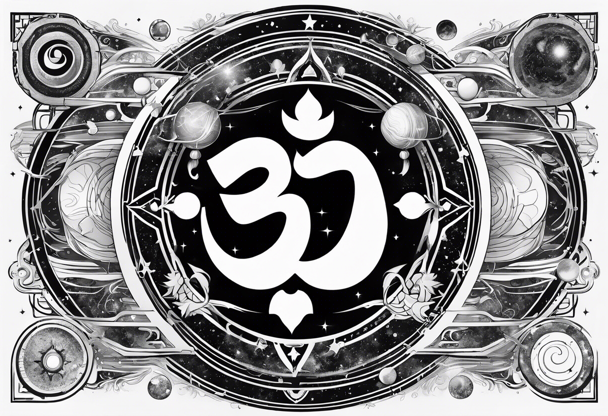 engineering and nature revolving around solar system with OM symbol in the center tattoo idea