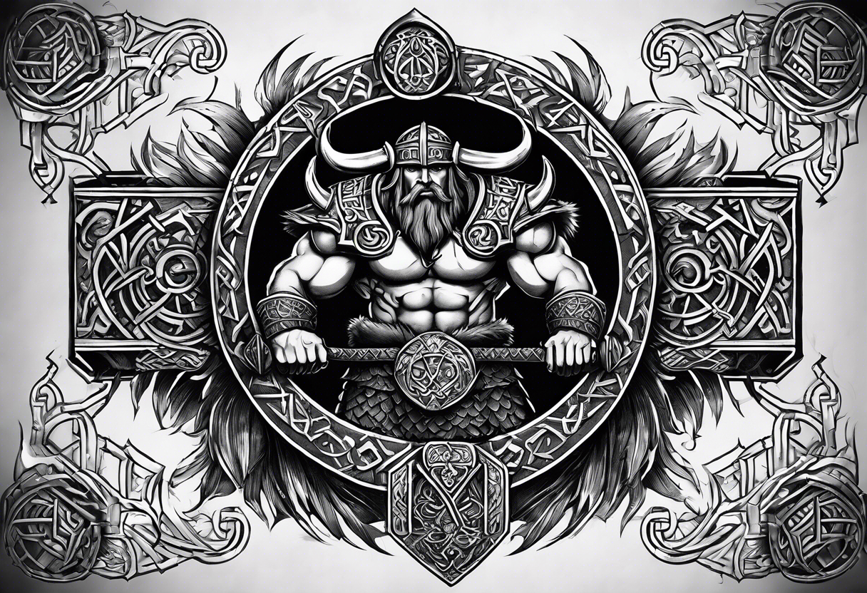 Viking theme in a half circle going from under the pectoral muscle to the hip. like Baldur from God of War 4. Stippling shading and runes. tattoo idea