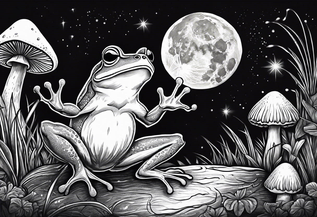 dancing frog under the moonlight mushroom in the Background mystical tattoo idea