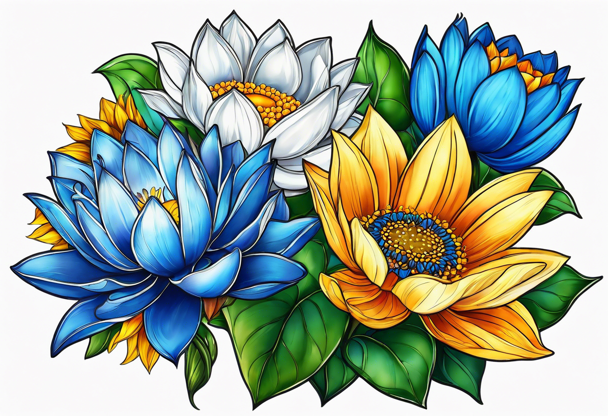 Blue lotus, sunflower, and fire lily flowers representing the holy trinity tattoo idea