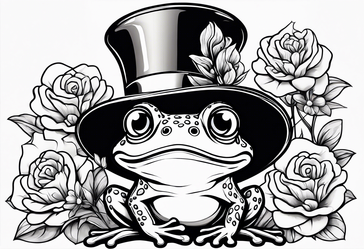 Cute Frog standing upright  in a top hat holding flowers to go on a date tattoo idea