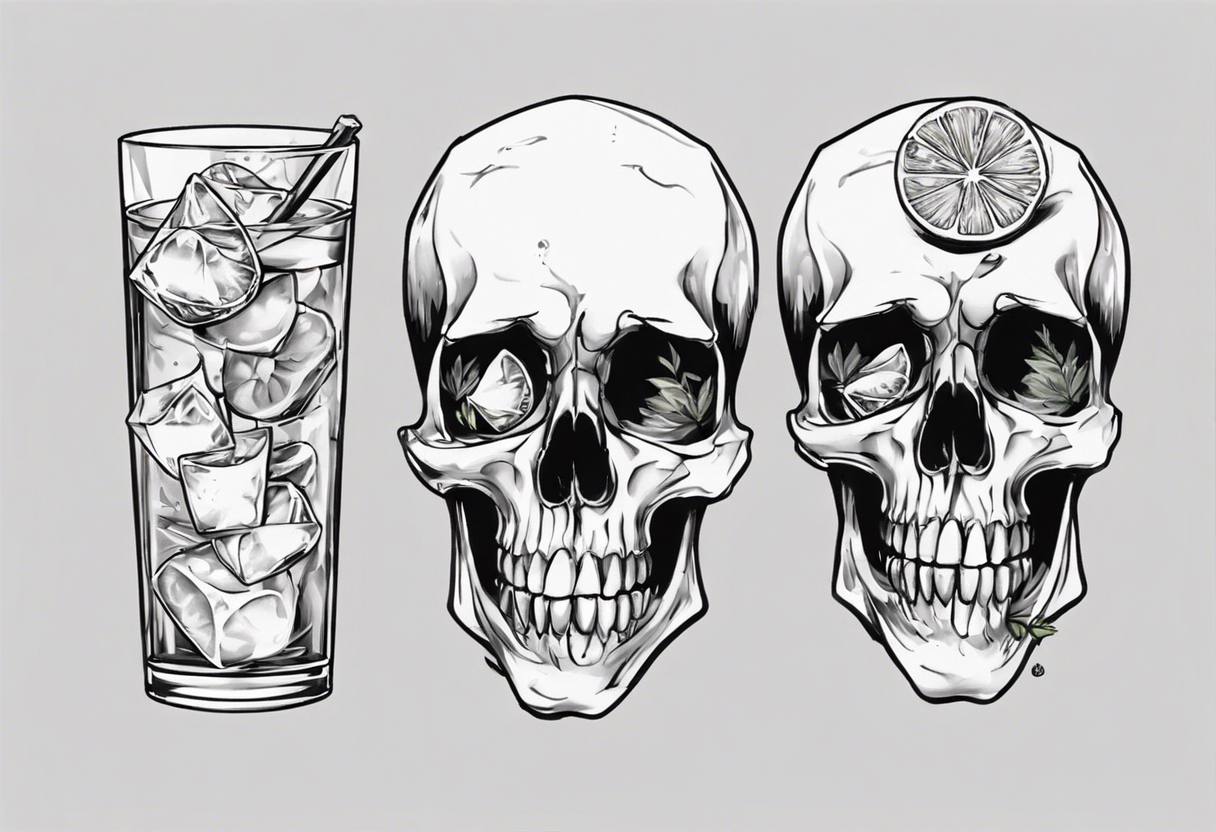 A happy, looking to the left scull, inside the glass with ice and piece of lime tattoo idea