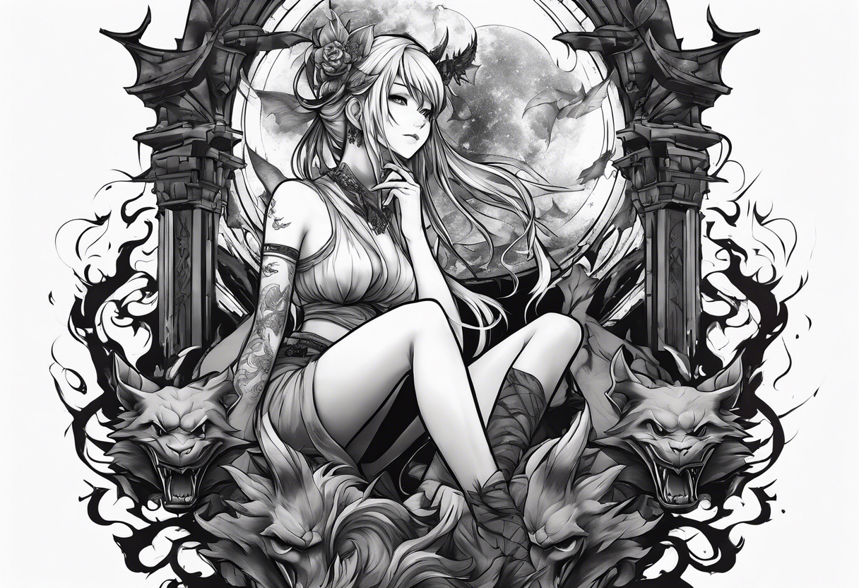 a bleeding anime girl sitting on a ball, and surrounded by gargoyles tattoo idea