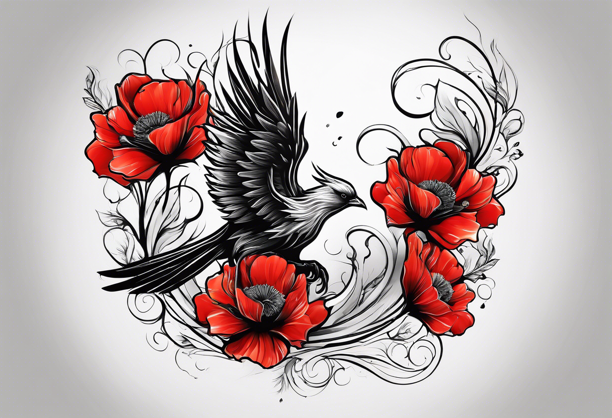 abstract pheonix holding red poppies in profile flight tattoo idea