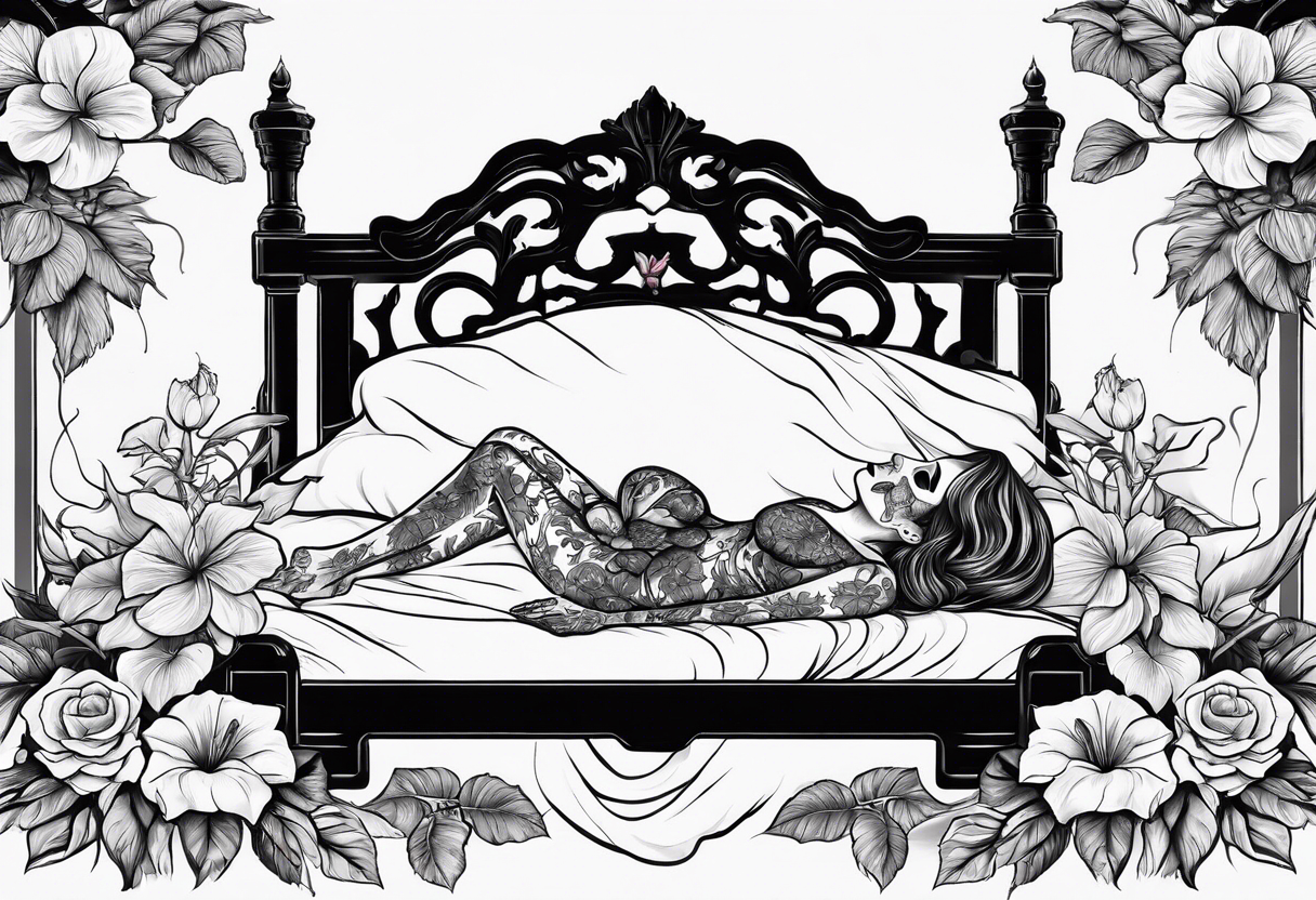 a  female skeleton of bones laying in a bed surrounded by hibiscus flower. tattoo idea