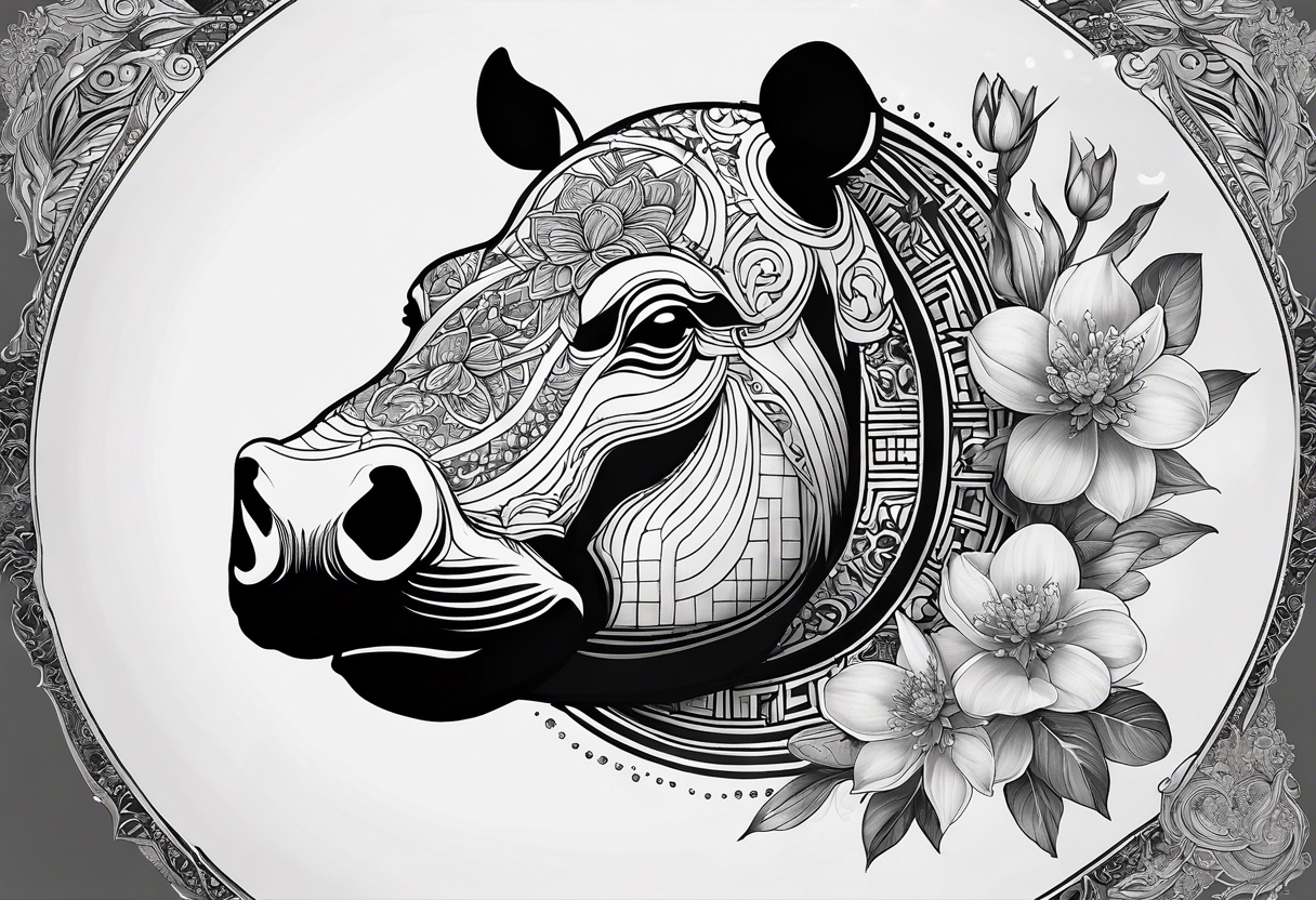 Very asymmetrical, +geometric pattern, with realistic full moon, with seeious looking hippo, +zen feel, + Buddhism touch,
with wintersweet flower bud, +portrait orientation, +inkart touch, tattoo idea