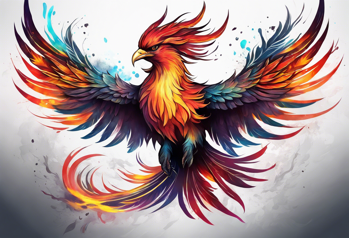 Rising phoenix against dark background, tall length tattoo idea