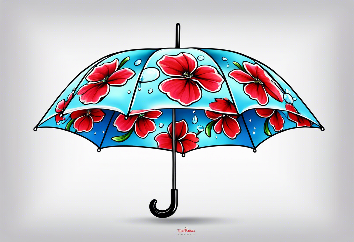 Upside down umbrella filled with geraniums rain droplets tattoo idea