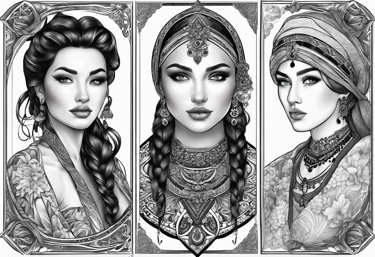 three person side by side. a really really young Daughter on the left, mother in the middle, really really old grandmother on the right. greater age difference, in an artfully decorated frame tattoo idea