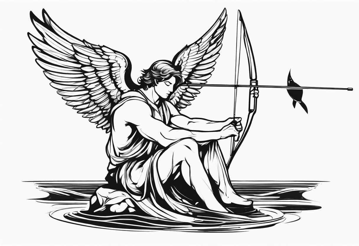 male angel with a halo sitting peacefully with fishing rod tattoo idea